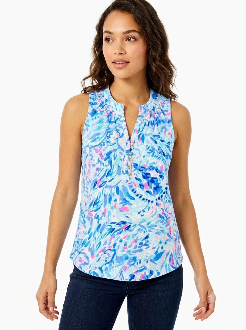 Lilly Pulitzer Essie Tank Top Womens L Blue Ibiza Cabana Cocktail Wide Beach